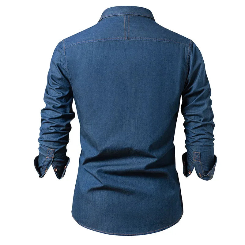 Slim Denim Look Button Up Shirt Navy 2