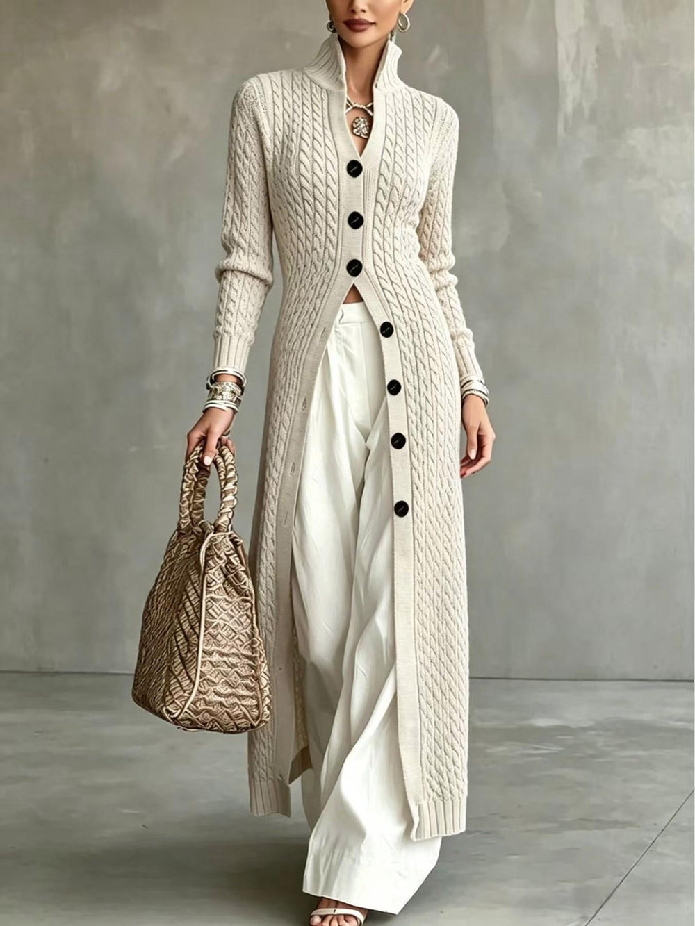 Slim Fit Cable Knit Long Cardigan Stand Collar Beige 1