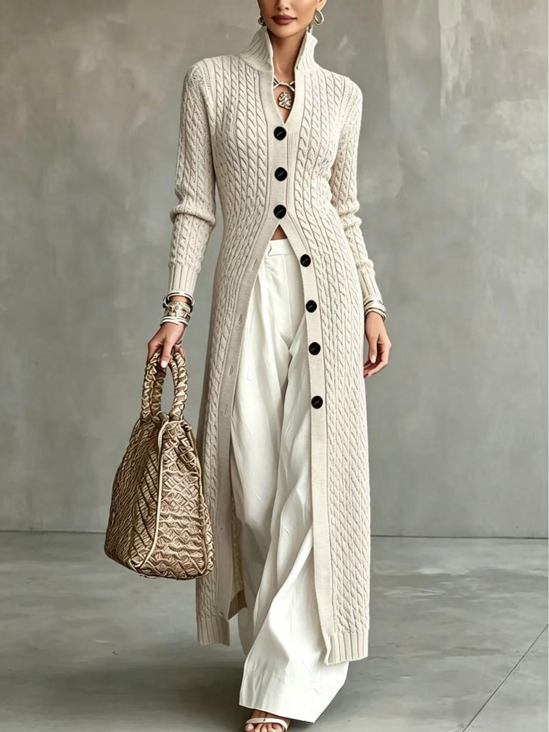Slim Fit Cable Knit Long Cardigan Stand Collar Beige 1