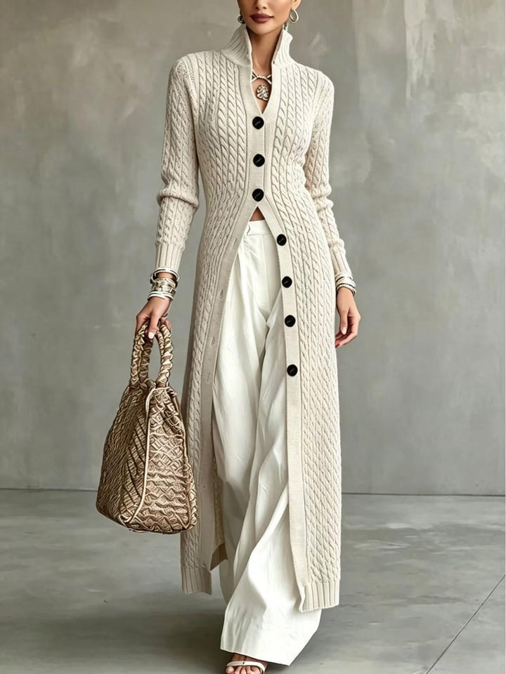 Slim Fit Cable Knit Long Cardigan Stand Collar Beige 1