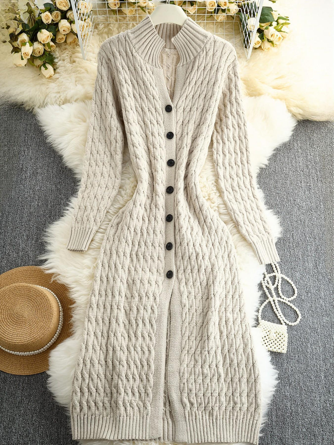 Slim Fit Cable Knit Long Cardigan Stand Collar Beige 2