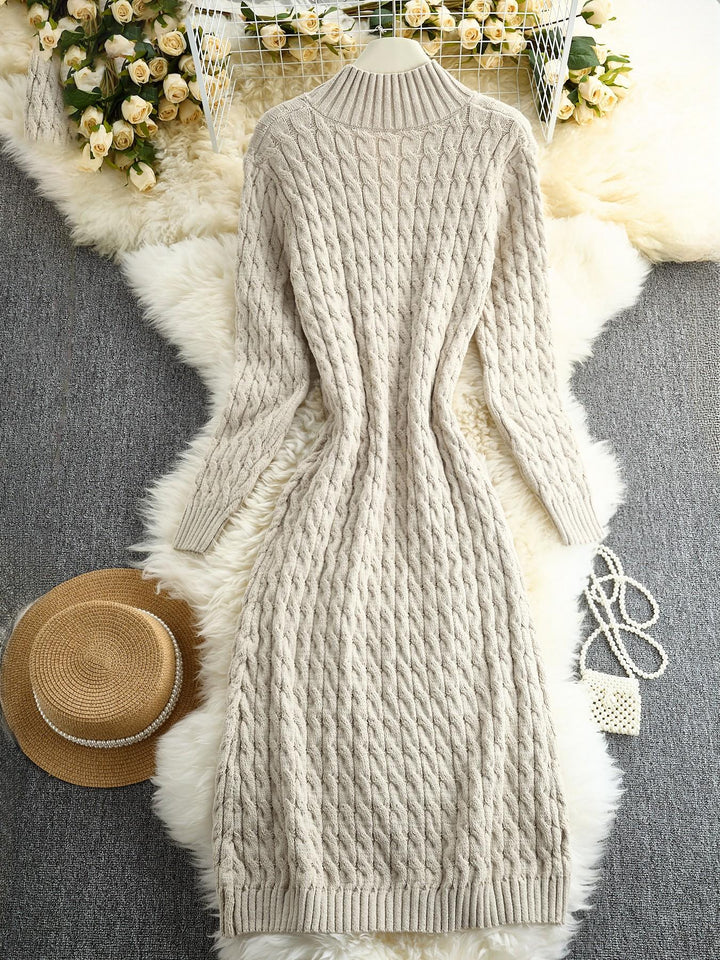 Slim Fit Cable Knit Long Cardigan Stand Collar Beige 3