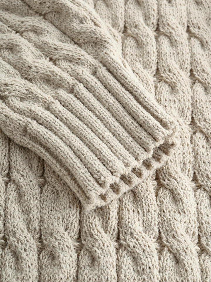 Slim Fit Cable Knit Long Cardigan Stand Collar Beige 4
