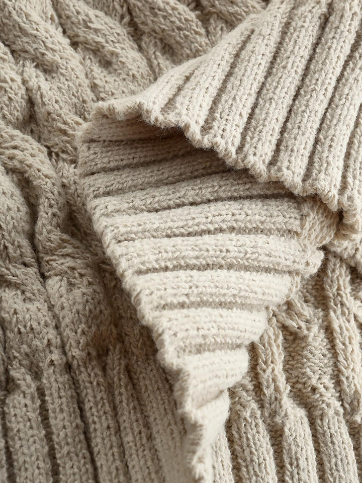 Slim Fit Cable Knit Long Cardigan Stand Collar Beige 6