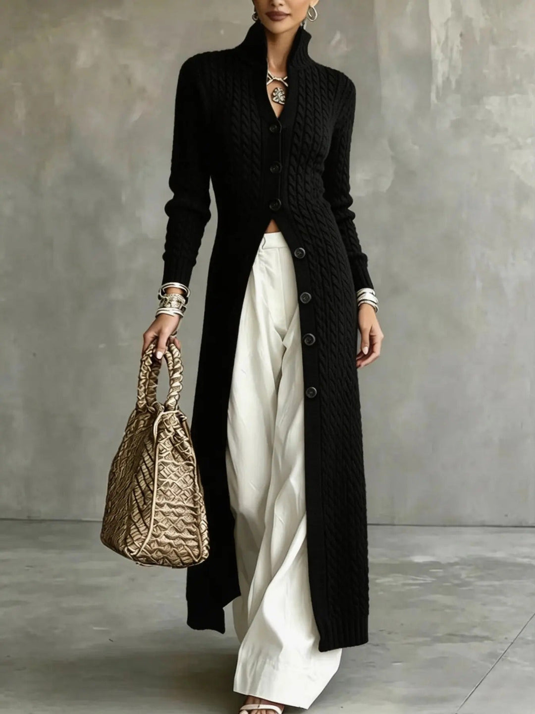 Slim Fit Cable Knit Long Cardigan Stand Collar Black 1