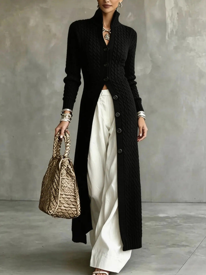 Slim Fit Cable Knit Long Cardigan Stand Collar Black 1