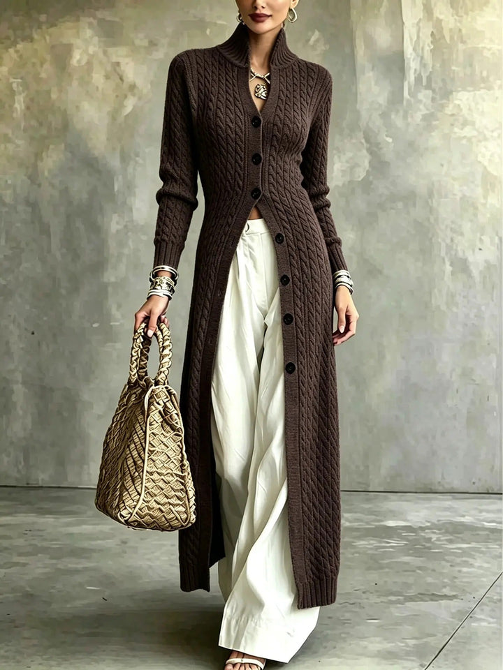 Slim Fit Cable Knit Long Cardigan Stand Collar Chocolate 1