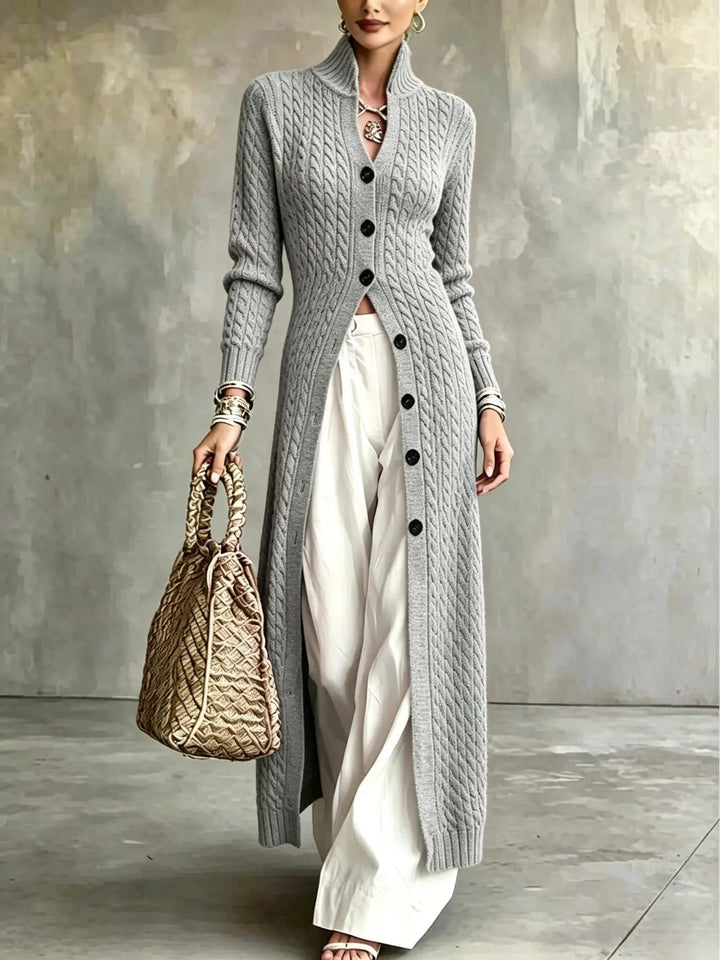 Slim Fit Cable Knit Long Cardigan Stand Collar Gray 1