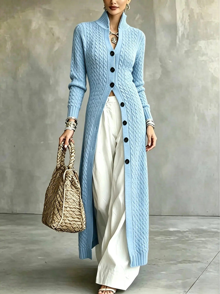 Slim Fit Cable Knit Long Cardigan Stand Collar Light Blue 1