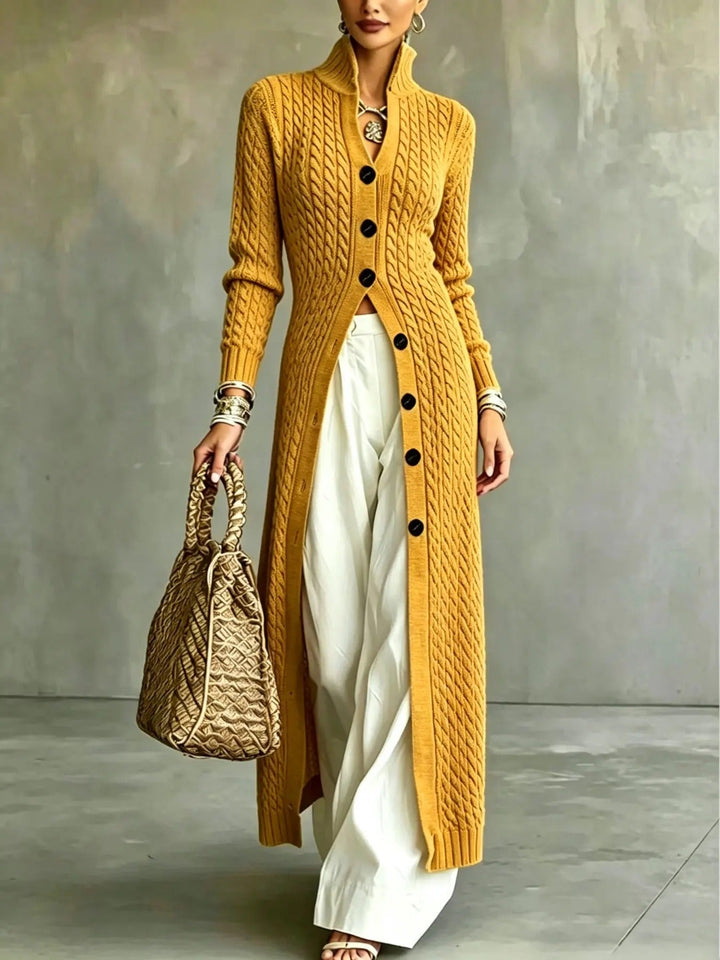 Slim Fit Cable Knit Long Cardigan Stand Collar Mustard Yellow 1