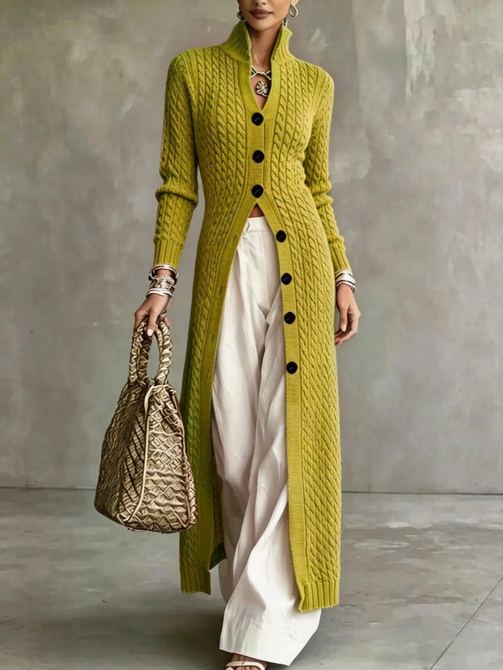 Slim Fit Cable Knit Long Cardigan Stand Collar Olive 1