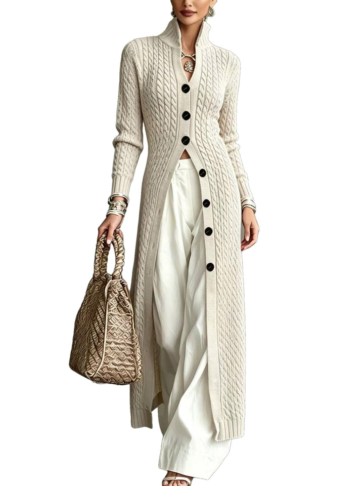 Slim Fit Cable Knit Long Cardigan Stand Collar on white