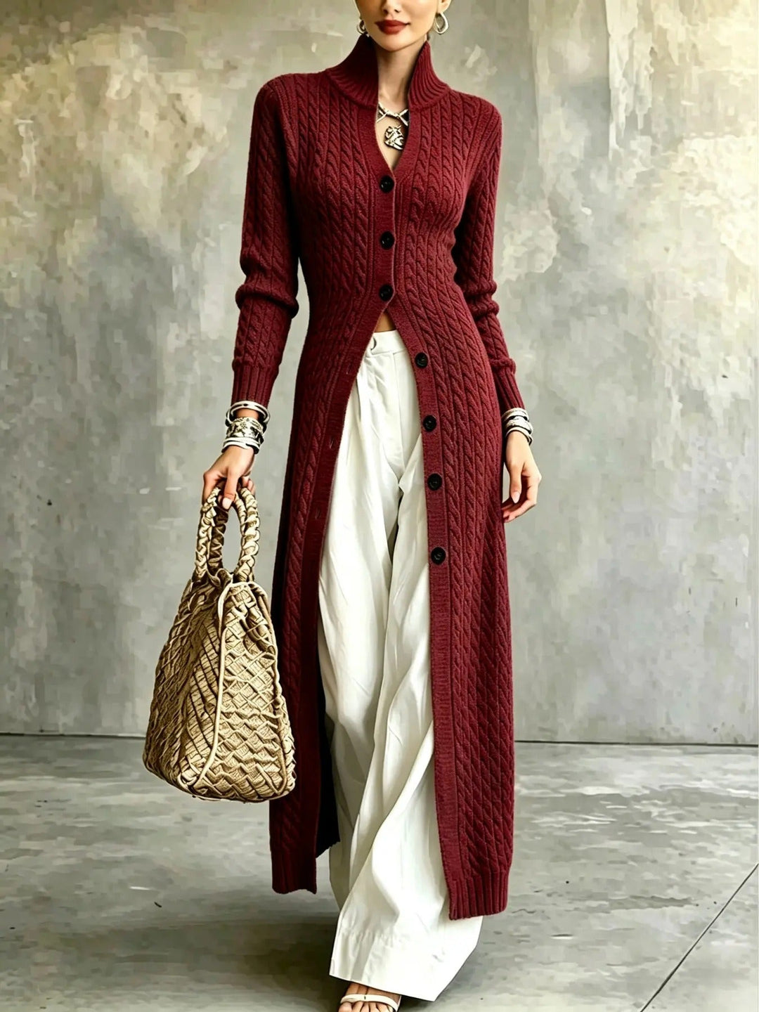 Slim Fit Cable Knit Long Cardigan Stand Collar Wine Red 1