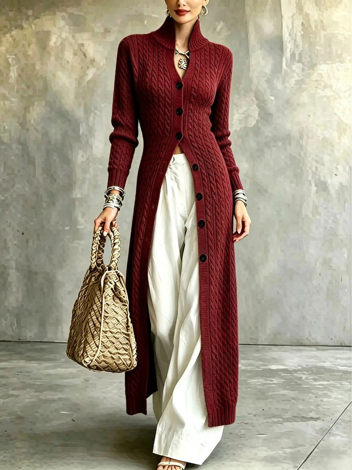 Slim Fit Cable Knit Long Cardigan Stand Collar Wine Red 1