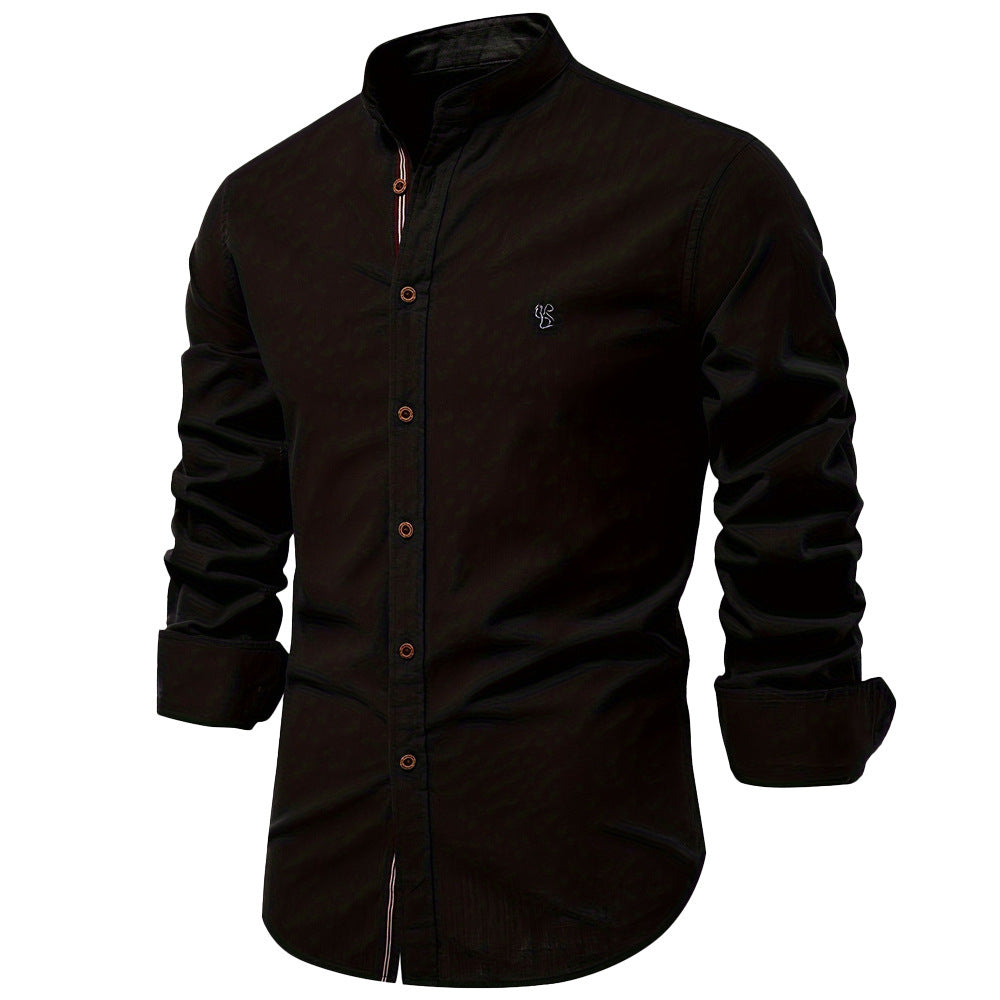 Slim Fit Cotton Mandarin Collar Shirt Long Sleeve Black 1