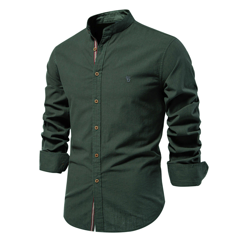 Slim Fit Cotton Mandarin Collar Shirt Long Sleeve Forest Green 1