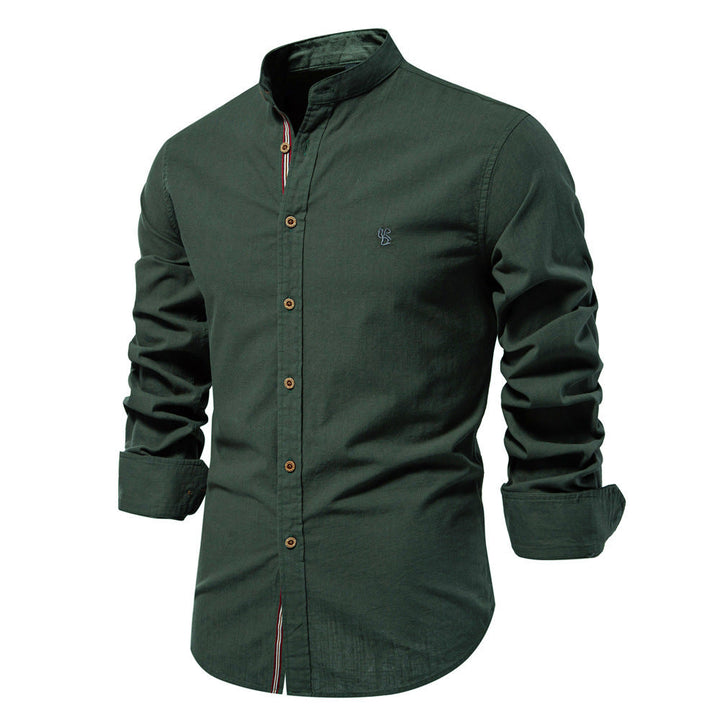 Slim Fit Cotton Mandarin Collar Shirt Long Sleeve Forest Green 1
