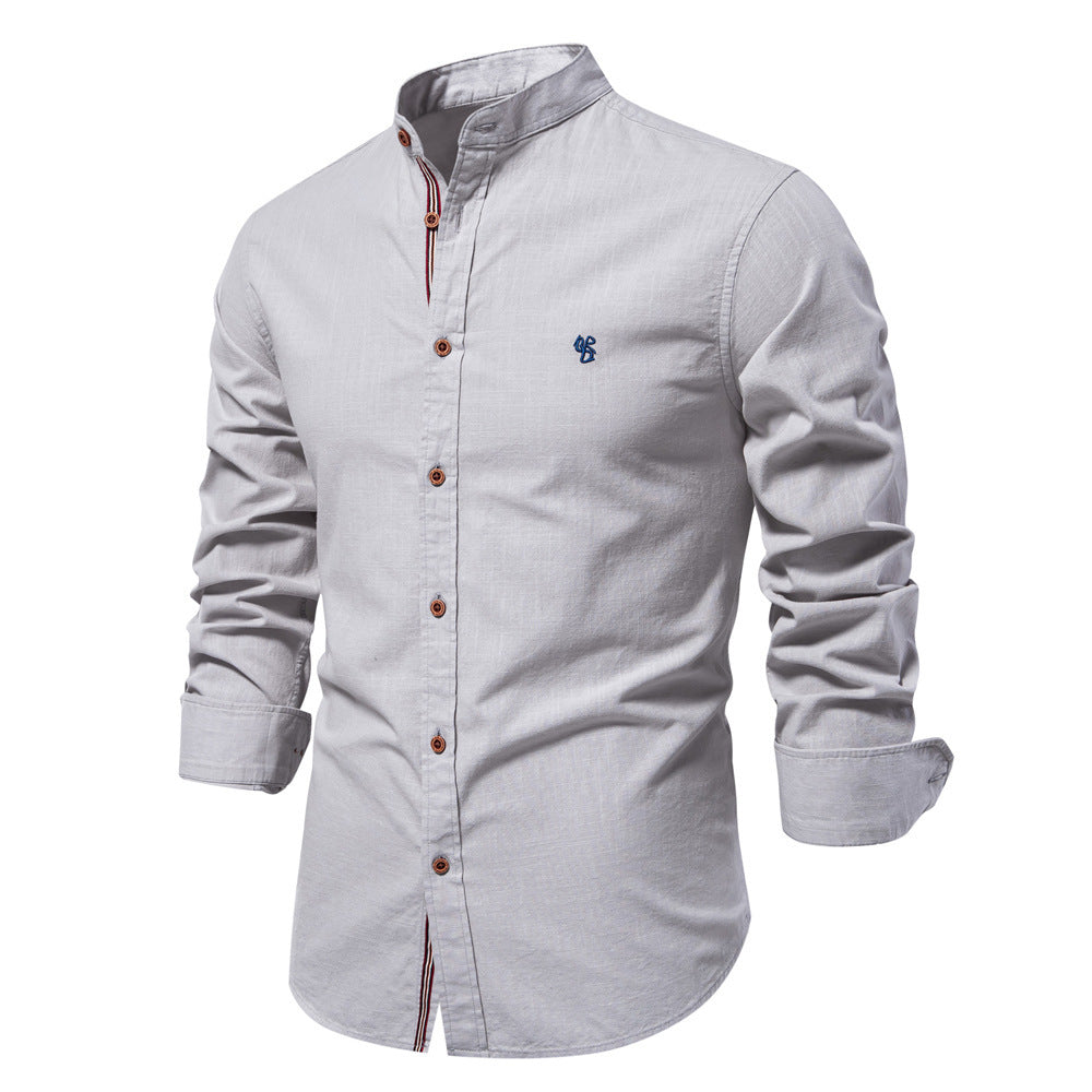 Slim Fit Cotton Mandarin Collar Shirt Long Sleeve Gray 1