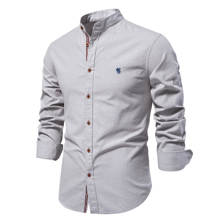 Slim Fit Cotton Mandarin Collar Shirt Long Sleeve Gray 1