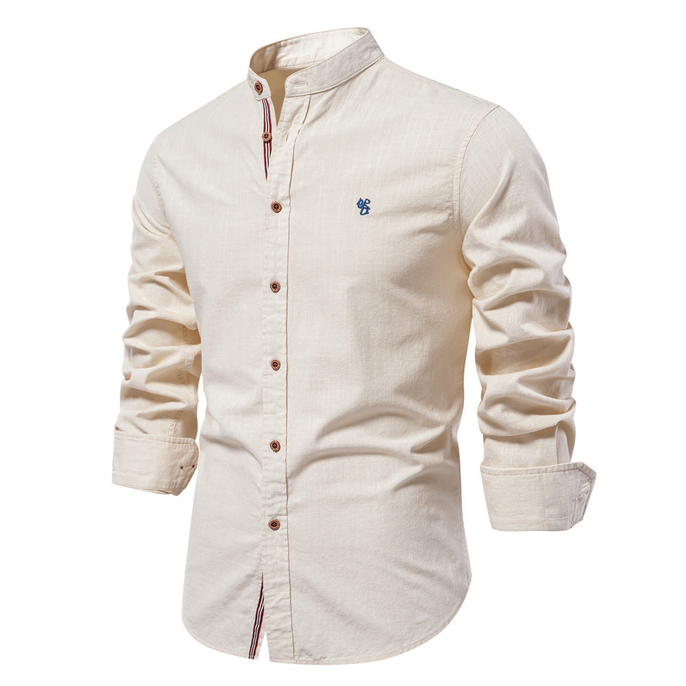 Slim Fit Cotton Mandarin Collar Shirt Long Sleeve Khaki 1
