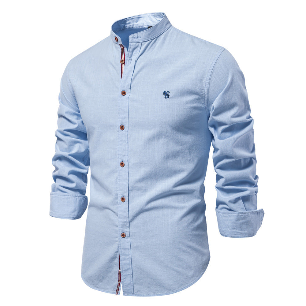 Slim Fit Cotton Mandarin Collar Shirt Long Sleeve Light Blue 1
