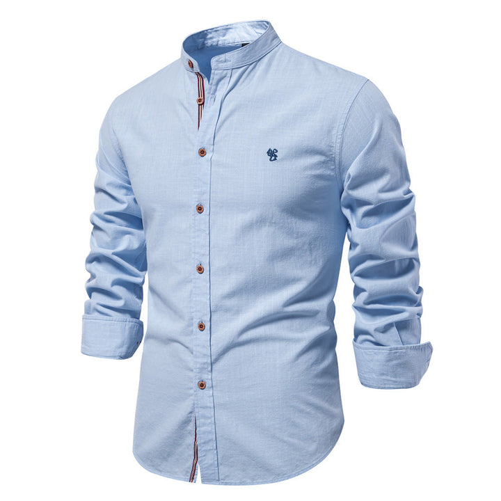 Slim Fit Cotton Mandarin Collar Shirt Long Sleeve Light Blue 1