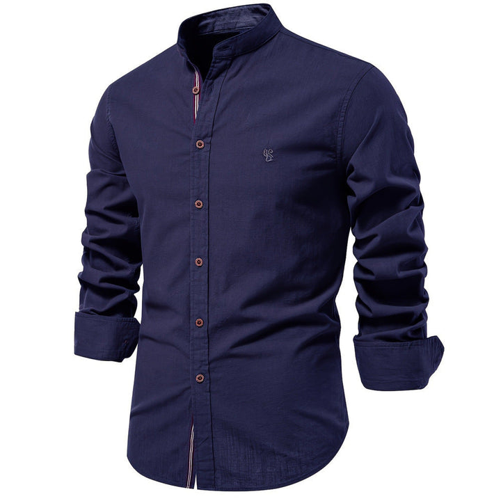 Slim Fit Cotton Mandarin Collar Shirt Long Sleeve Navy 1