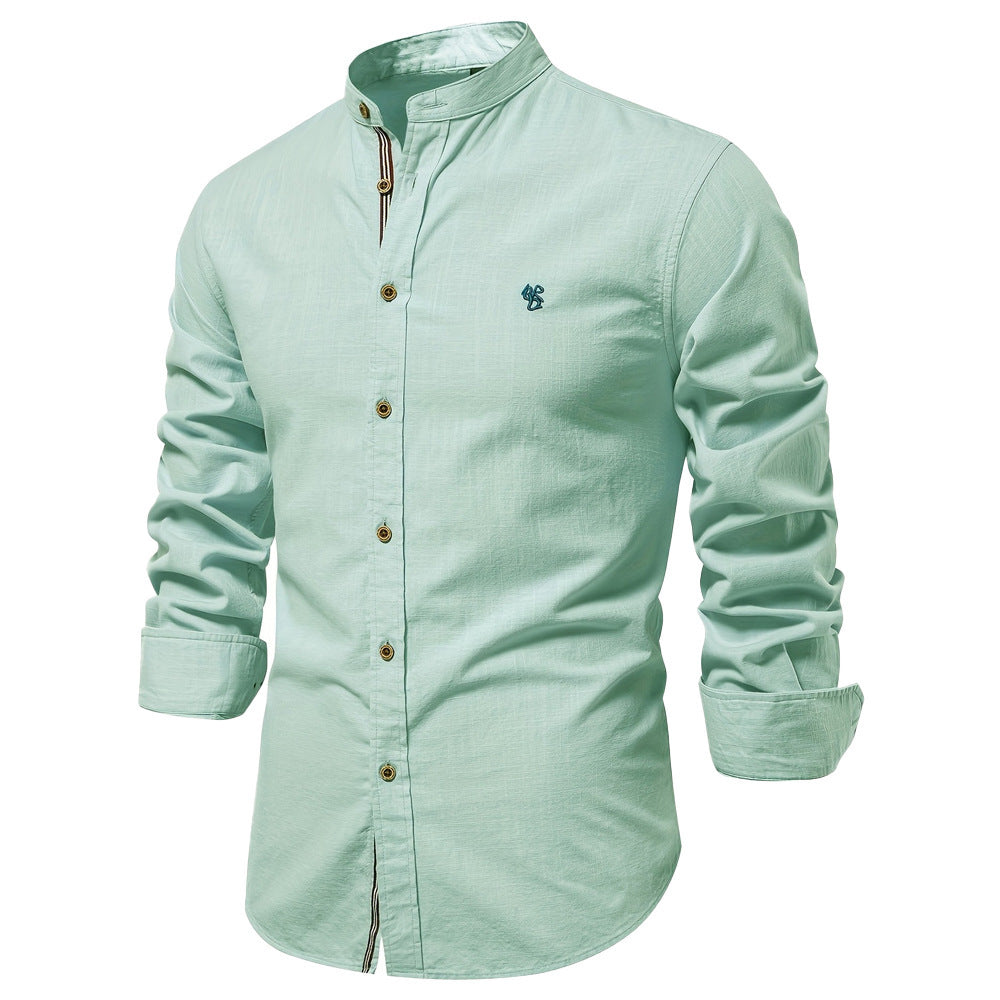 Slim Fit Cotton Mandarin Collar Shirt Long Sleeve Sage 1