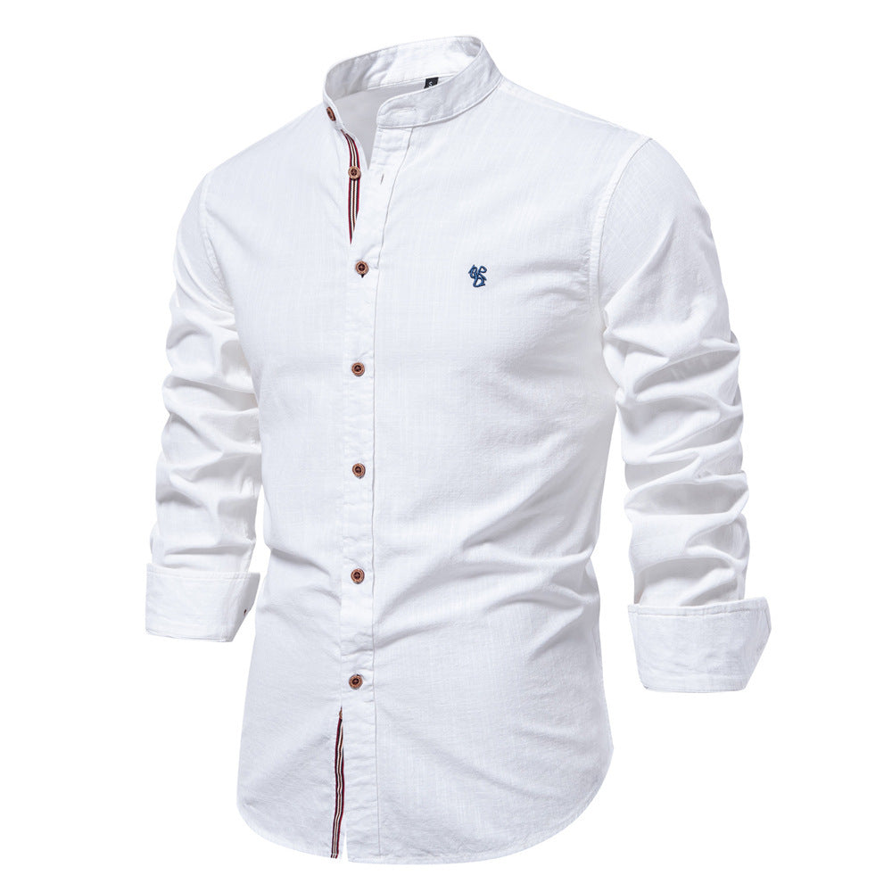 Slim Fit Cotton Mandarin Collar Shirt Long Sleeve White 1