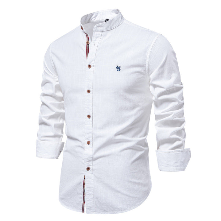 Slim Fit Cotton Mandarin Collar Shirt Long Sleeve White 1