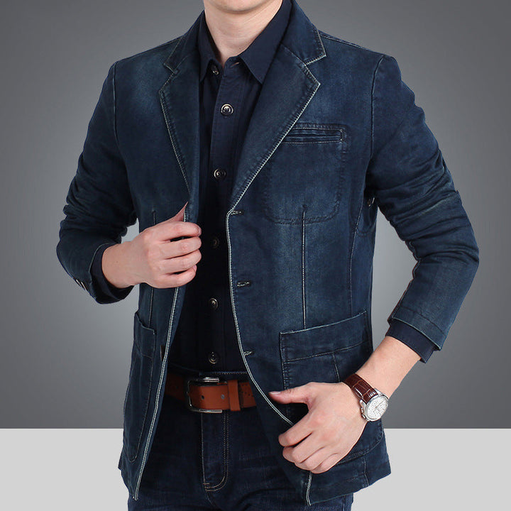 Slim Fit Denim Blazer Notch Lapel Dark Blue 1