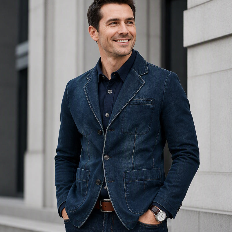 Slim Fit Denim Blazer Notch Lapel Dark Blue 2