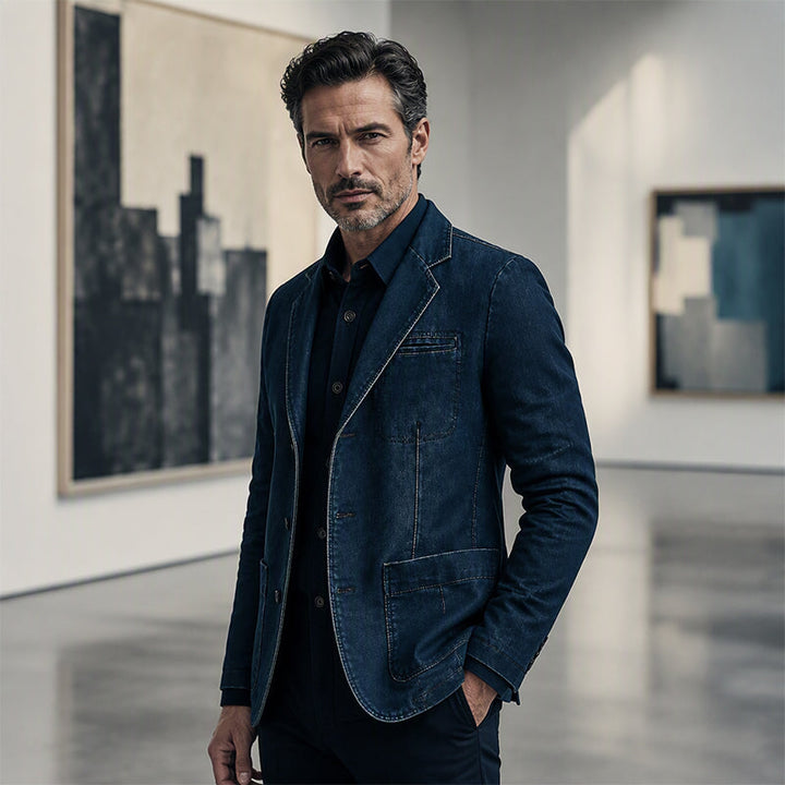 Slim Fit Denim Blazer Notch Lapel Dark Blue 3