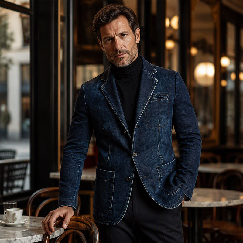 Slim Fit Denim Blazer Notch Lapel Dark Blue 4