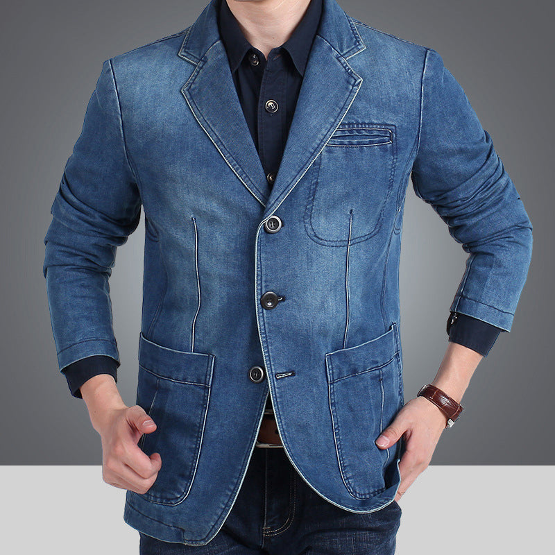 Slim Fit Denim Blazer Notch Lapel Light Blue 1