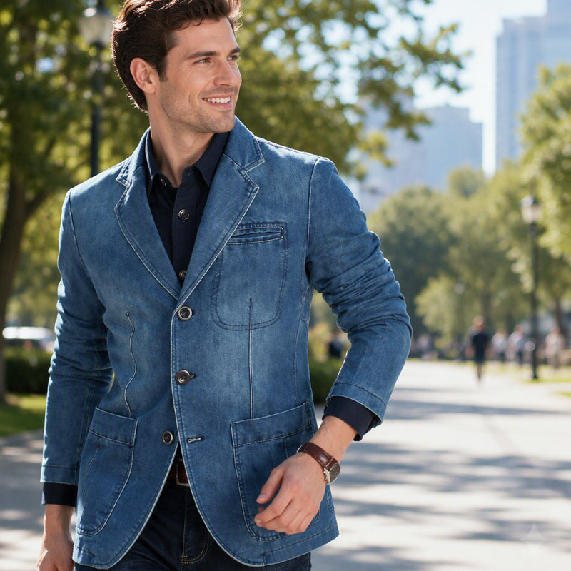 Slim Fit Denim Blazer Notch Lapel Light Blue 2