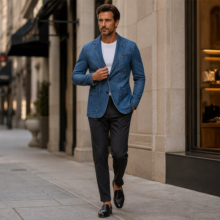 Slim Fit Denim Blazer Notch Lapel Light Blue 3