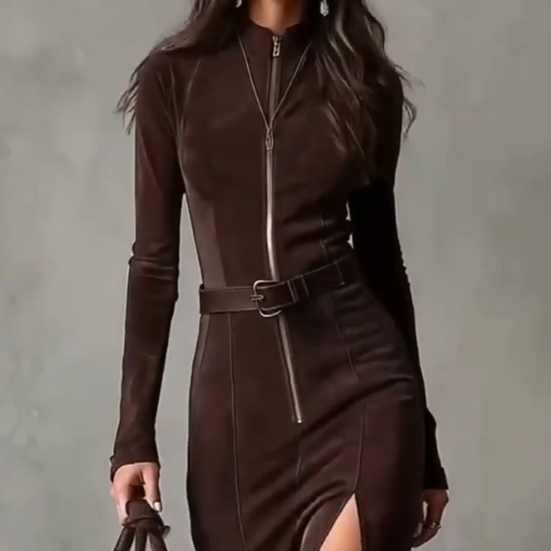 Slim Fit Faux Suede Maxi Dress Full Length Zip Brown 3