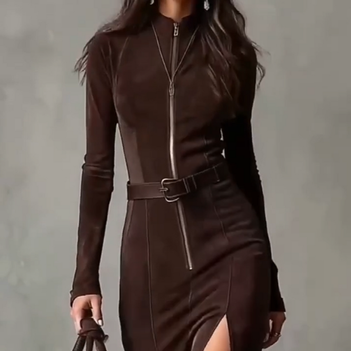 Slim Fit Faux Suede Maxi Dress Full Length Zip Brown 3