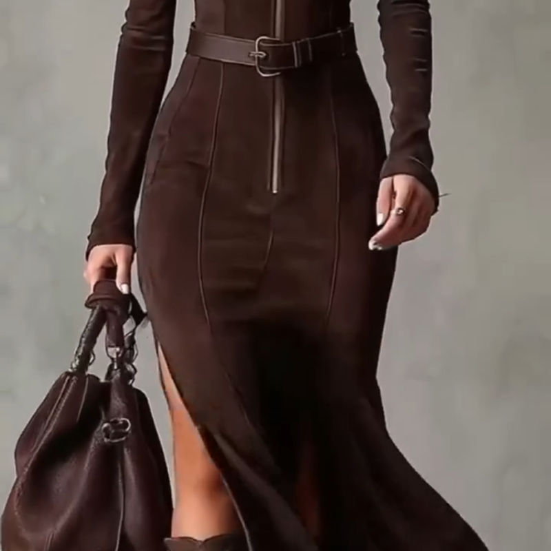 Slim Fit Faux Suede Maxi Dress Full Length Zip Brown 4