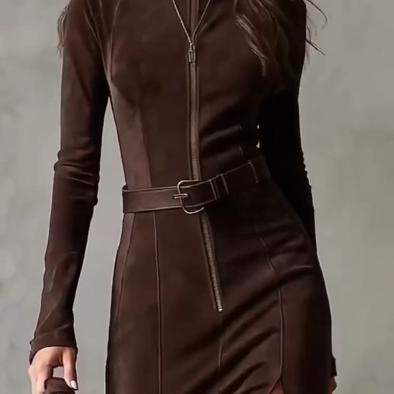 Slim Fit Faux Suede Maxi Dress Full Length Zip Brown 5