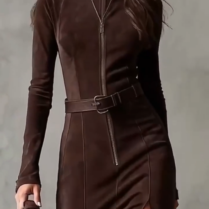 Slim Fit Faux Suede Maxi Dress Full Length Zip Brown 5