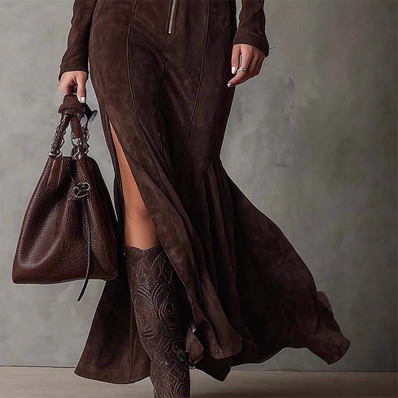 Slim Fit Faux Suede Maxi Dress Full Length Zip Brown 6
