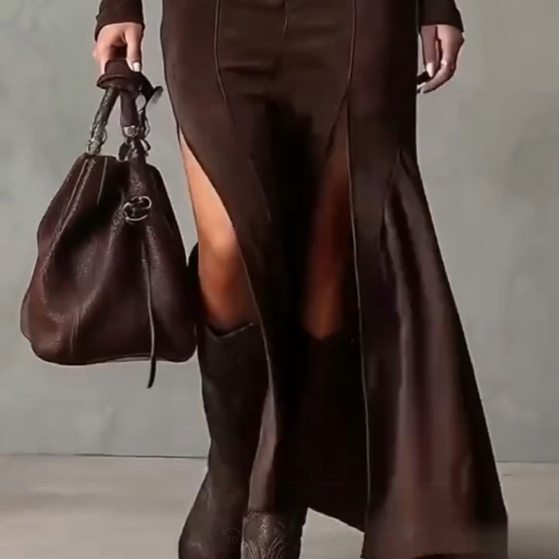 Slim Fit Faux Suede Maxi Dress Full Length Zip Brown 7