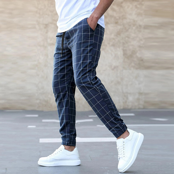 Slim Fit Grid Check Drawstring Jogger Pants Blue 1