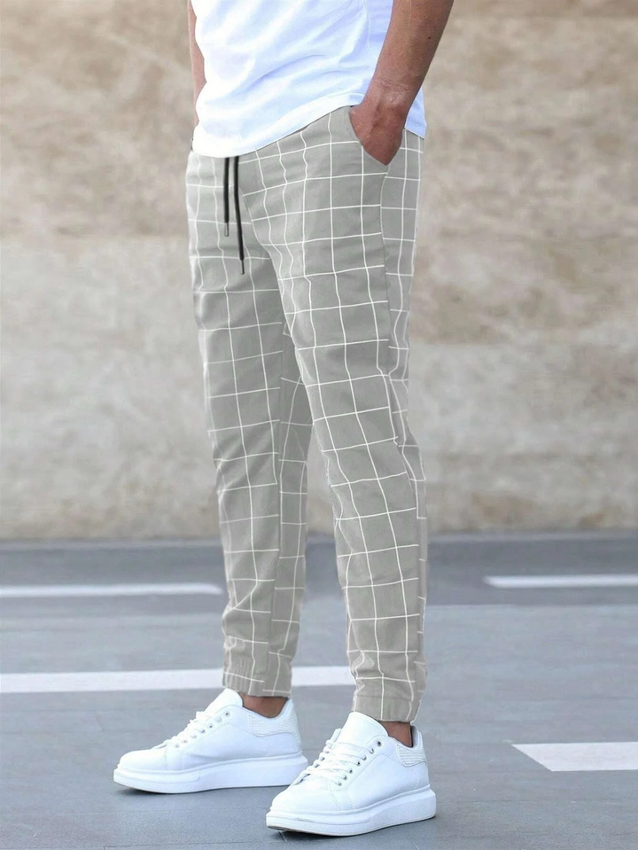 Slim Fit Grid Check Drawstring Jogger Pants Gray 1