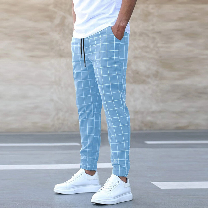 Slim Fit Grid Check Drawstring Jogger Pants Light Blue 1