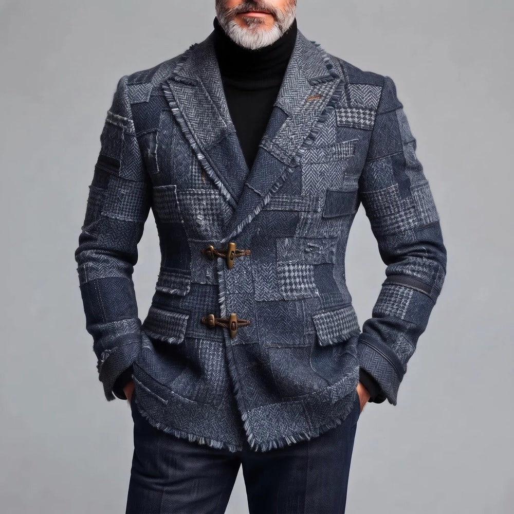 Slim Fit Houndstooth Patchwork Toggle Blazer Dark Blue 1