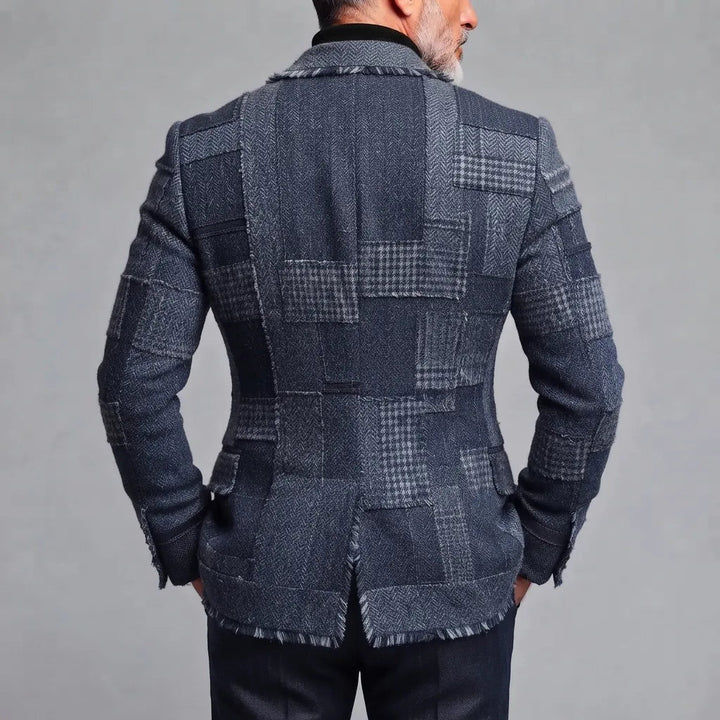 Slim Fit Houndstooth Patchwork Toggle Blazer Dark Blue 2