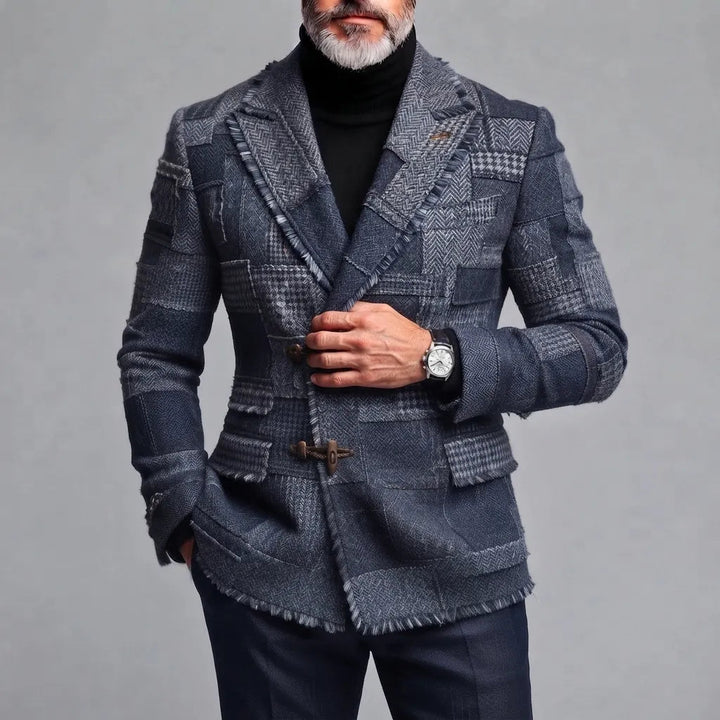 Slim Fit Houndstooth Patchwork Toggle Blazer Dark Blue 3